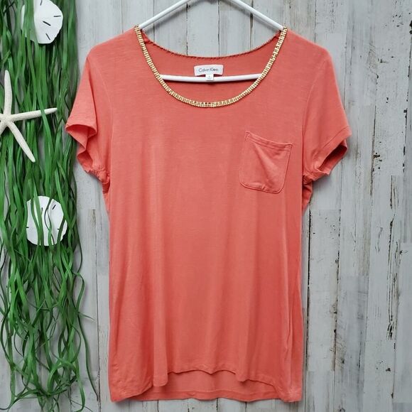 Calvin Klein Embellished Rayon Top Coral Size Medium - Picture 1 of 6